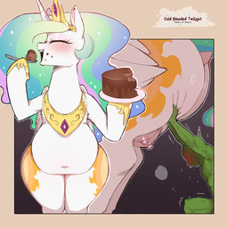bestiality blue_hair blush bodily_fluids cake crown cutie_mark dessert dock_(anatomy) duo eating eyelashes eyes_closed female feral fingers food green_body green_hair hair headgear hooves horn human_on_feral interspecies kitchen_utensils larger_female larger_feral long_hair male male/female muscular muscular_human muscular_male navel nipples open_mouth overweight overweight_female overweight_feral pink_hair purple_hair quadruped size_difference smaller_human stuffing sweat tail teats teeth thick_thighs tiara tools unicorn_horn white_body wings cold-blooded-twilight friendship_is_magic hasbro my_little_pony mythology anon princess_celestia_(mlp) equid equine human mammal mythological_creature mythological_equine winged_unicorn hi_res