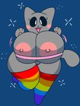 :3 anthro areola barely_visible_genitalia barely_visible_pussy big_breasts black_nose black_sclera blue_background blush blush_stickers breasts clothing eyelashes female fur genitals grey_body grey_ears grey_fur grey_tail huge_breasts ineffective_clothing legwear long_tail multicolored_clothing multicolored_legwear multicolored_thigh_highs nipples open_mouth open_smile pattern_clothing pattern_legwear pattern_stockings pawpads paws pink_areola pink_nipples pink_pawpads pink_tongue pussy rainbow_clothing rainbow_legwear rainbow_thigh_highs rosy_cheeks simple_background smile solo sparkles stockings striped_clothing striped_legwear striped_stockings stripes tail thick_thighs thigh_highs tongue topwear white_eyes wide_hips gravtitty nyan_cat_(copyright) nyan_cat domestic_cat felid feline felis mammal 2022 digital_media_(artwork) hi_res meme