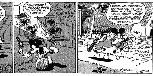 4_fingers anthro beard bottomwear clothed clothing dialogue double_barrel_shotgun eyewear facial_hair feral fingers flashlight footwear glasses gloves group gun handgun handwear lamp lantern male mature_male night onomatopoeia open_mouth overalls ranged_weapon revolver shoes shotgun sound_effects standing text tripping walking weapon floyd_gottfredson hardie_gramatky disney public_domain marcus_mouse mickey_mouse avian bird chicken galliform mammal mouse murid murine phasianid rodent 1930 20th_century absurd_res ancient_art black_and_white dated english_text hi_res long_image monochrome signature wide_image