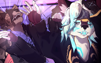 anthro attack clothed clothing coat dominant dominant_female duo eyes_closed female fingers fur fur_markings male markings topwear 0_dx jujutsu_kaisen naoya_hair_flip canid canine fox hyena mammal 16:10 absurd_res hi_res meme widescreen