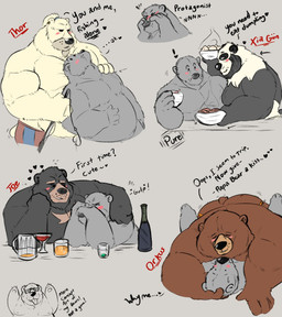 anthro belly black_body black_fur blush brown_body brown_fur butt drunk eyes_closed fur group heart_symbol male male/male moobs overweight overweight_male substance_intoxication text white_body white_fur desertb0ar bear giant_panda mammal polar_bear ursine 2019 english_text hi_res