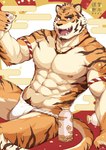 5_fingers abs anthro areola armband asian_clothing bottle claws clothed clothing container cup east_asian_clothing finger_claws fingers fundoshi fur holding_container holding_cup holding_object japanese_clothing jewelry kemono male muscular muscular_anthro muscular_male necklace nipples open_mouth open_smile orange_body orange_fur pecs pubes shimenawa sitting smile solo striped_body striped_fur stripes teeth topless underwear white_clothing white_underwear zifu chinese_zodiac year_of_the_tiger felid mammal pantherine tiger hi_res