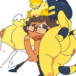 anthro big_butt big_penis blue_hair breasts brown_body brown_skin butt butt_grab clawing claws clothed clothing egyptian eyewear feet female fur genitals glasses group hair hand_on_butt harem leggings legwear low-angle_view male male/female markings messy_hair mostly_nude navel nude partially_clothed penis rear_view rubbing side_boob simple_background size_difference smaller_male smug spread_legs spreading stockings striped_markings striped_tail stripes tail tail_markings torn_clothing vein veiny_penis white_background white_clothing white_legwear white_stockings yellow_body yellow_fur dawnwashere animal_crossing nintendo ankha_(animal_crossing) isabelle_(animal_crossing) villager_(animal_crossing) canid canine canis domestic_cat domestic_dog felid feline felis human mammal 1:1 2020 digital_media_(artwork) hi_res