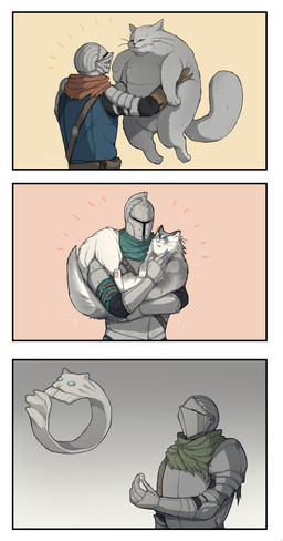 ambiguous_gender armor bodily_fluids clothing crying duo female feral fur handwear headgear helmet holding_another humor knight ring simple_background size_difference standing tail tears warrior noru0217 dark_souls fromsoftware alvina ashen_one bearer_of_the_curse chosen_undead sweet_shalquoir domestic_cat felid feline felis human mammal comic digital_media_(artwork) hi_res