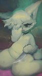 anthro areola belly blood bodily_fluids bottomless choker circle_eyebrows clothed clothing empty_eyes eyebrows eyelashes female flat_chested frown fur glitch hair hand_on_face jewelry kemono knife looking_down navel necklace nipples one_eye_obstructed open_mouth red_areola red_eyes red_tongue self-harm short_hair sitting slightly_chubby solo tail tongue topless yellow_body yellow_ears yellow_fur yellow_tail hasukii hazuki_mikami_(hasukii) canid canine mammal absurd_res hi_res