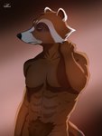 3:4 abs absurd_res anthro brown_body brown_fur digibeawr fur guardians_of_the_galaxy hi_res light light_beam male mammal marvel muscular muscular_male nude procyonid pubes raccoon red_eyes rocket_raccoon solo white_body white_face white_fur