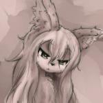 anthro female flat_chested fur hair half-closed_eyes long_hair looking_down narrowed_eyes nude solo young sirahtama mammal 1:1 2019 bust_portrait hi_res monochrome portrait