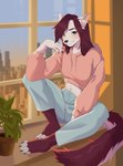 anthro blue_bottomwear blue_clothing blue_eyes blue_pants bottomwear clothing hair hoodie looking_at_viewer male pants pink_clothing pink_hoodie pink_topwear red_hair solo topwear white_body amfy shade_anris bat mammal 2024 hi_res