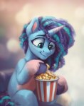 blue_hair clothing curled_hair female feral fetlocks food footwear freckles green_eyes green_hair hair hooves horn multicolored_hair popcorn smile socks solo two_tone_hair jewellier_(artist) hasbro mlp_g5 my_little_pony mythology misty_brightdawn_(mlp) equid equine mammal mythological_creature mythological_equine unicorn hi_res