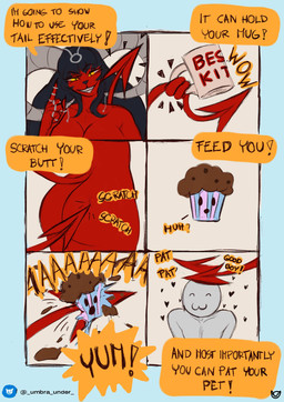 anthro black_hair butt container cup dialogue duo female food hair humor long_hair muffin mug smile speech_bubble text yellow_eyes umbraunderscore lili_(umbraunderscore) demon felid human leopard mammal pantherine succubus absurd_res comic english_text hi_res gynomorph_(lore)