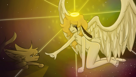 anthro black_tears blonde_hair cosmic_background dramatic_lighting duo eyes_closed feathered_wings feathers female floppy_ears fluffy fluffy_tail fur glowing glowing_halo hair halo hand_on_face head_tuft helga_bunny kneeling light light_beam long_ears long_hair looking_at_another male nose_touch reaching_out side_view sitting smile space space_background star starry_background tail touching_face tuft wings yellow_body yellow_fur spaidynator spaidynator_(character) angel canid canine fennec_fox fox lagomorph leporid mammal rabbit true_fox 16:9 colored digital_media_(artwork) hi_res shaded signature soft_shading widescreen yellow_theme