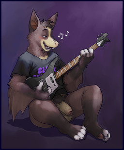 4_toes 5_fingers anthro balls bass_guitar biped blue_border body_hair border bottomless brown_body brown_fur clothed clothing fangs feet fingers flaccid foreskin fur genitals guitar happy_trail humanoid_genitalia humanoid_penis male musical_instrument open_mouth penis playing_guitar playing_music plucked_string_instrument pubes rock_out_with_your_cock_out shirt singing sitting solo string_instrument t-shirt teeth thick_foreskin toes topwear underwear white_body white_fur glitter_trap_boy bat mammal absurd_res hi_res