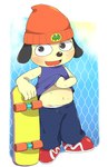 anthro beanie belly blush bodily_fluids clothed clothing clothing_lift hat headgear headwear male navel shirt shirt_lift skateboard slightly_chubby solo sweat topwear vehicle young young_anthro young_male kemoizumi parappa_the_rapper sony_corporation sony_interactive_entertainment parappa canid canine canis domestic_dog mammal 2024 hi_res