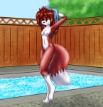 3_toes anthro breasts digitigrade eyes_closed feet female fluffy fluffy_tail fur hair nipples nude outside paws red_body red_fur red_hair small_breasts solo swimming_pool tail toes towel walking water terdburgler linda_wright hybrid