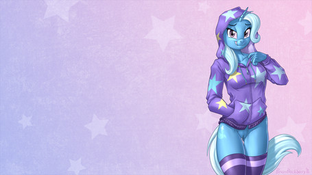 anthro anthrofied bottomless bottomless_anthro bottomless_female casual_exposure clitoral_hood clitoris clothed clothing cutie_mark female genitals hair hand_in_pocket hoodie horn legwear long_hair looking_at_viewer pattern_background pockets simple_background smile solo thigh_highs topwear vulva brian_mcpherson friendship_is_magic hasbro my_little_pony mythology trixie_(mlp) equid equine mammal mythological_creature mythological_equine unicorn 16:9 2016 hi_res wallpaper widescreen
