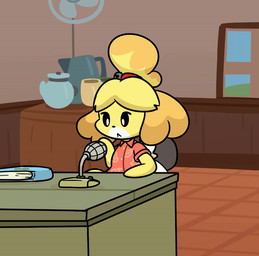 aloha_shirt anthro blush book chair clothing desk diaper electronics excessive_feces feces female fur furniture hair hyper hyper_feces microphone office_chair pattern_clothing pattern_shirt pattern_topwear pooping scatplay shirt simple_background soiled_diaper soiling solo table topwear unclean_diaper used_diaper window yellow_body yellow_fur dummydoodles animal_crossing nintendo isabelle_(animal_crossing) canid canine canis domestic_dog mammal shih_tzu toy_dog 2d_animation animated motion_tweening