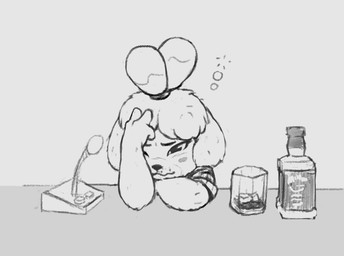 alcohol anthro beverage container cup drinking_glass drunk female glass glass_container glass_cup solo substance_intoxication whiskey pechi animal_crossing nintendo isabelle_(animal_crossing) canid canine canis domestic_dog mammal 2020 greyscale monochrome