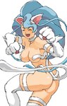 blue_hair breasts butt dancing exposed_ass female fur hair joyful solo tail white_body white_fur iwauchi_tomoki capcom darkstalkers felicia_(darkstalkers) felid feline humanoid mammal traced