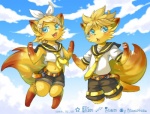 alternate_species alternative_fashion anthro belt blonde_hair blue_eyes blush bottomwear clothing duo female flat_chested furrification hair j-fashion jumping looking_at_viewer male midair navel necktie shorts tail young young_anthro kamitake vocaloid kagamine_len kagamine_rin canid canine fox mammal brother_(lore) brother_and_sister_(lore) sibling_(lore) sister_(lore)