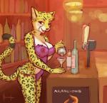 2014 alcohol anthro bar beverage biped blush breasts cheetah cleavage clothed clothing digital_media_(artwork) felid feline female food hi_res lingerie looking_at_viewer mammal meesh nipples sketch skimpy solo standing tail translucent translucent_clothing