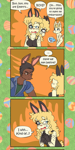 after_transformation afterimage alternate_universe anthro black_clothing black_dress black_spots blonde_eyebrows blonde_hair blue_clothing blue_eyes blue_shirt blue_topwear blush blush_lines bodily_fluids breasts brown_body brown_fur brown_stripes clothing confusion covering covering_crotch crossgender cut_ear dialogue double_take dress easter_egg embarrassed eyebrow_slit eyebrows eyelashes female fur green_clothing green_shirt green_topwear grey_eyes group hair holidays inner_ear_fluff looking_away male markings motion_lines nude pink_nose rabbit_ears raised_eyebrow shirt speech_bubble spots spotted_body spotted_fur striped_body striped_fur stripes sweat sweatdrop talking_to_another tan_body tan_fur text topwear trio tuft work_shirt young young_anthro young_female young_male bisonvega easter cat_girl_(bisonvega) cousin_bunny_(bisonvega) daddy_bunny_(bisonvega) domestic_cat elephant elephantid felid feline felis lagomorph leporid mammal proboscidean rabbit 2026 absurd_res comic english_text hi_res