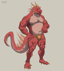 anthro belly big_belly bottomwear bulge cheek_frill clothed clothing frill_(anatomy) hand_on_hip head_spikes male male_anthro narrowed_eyes open_mouth overweight overweight_anthro overweight_male red_body red_eyes simple_background solo spikes spikes_(anatomy) standing striped_arms striped_legs tail tail_frill teeth topless yellow_bottomwear yellow_clothing yellow_teeth aduran mythology dragon mythological_creature mythological_scalie scalie 2023 absurd_res dated hi_res signature
