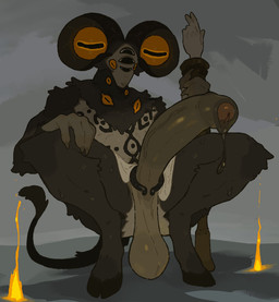 5_fingers abstract_background accessory anthro balls big_balls big_penis black_body black_fur bodily_fluids bottomwear claws clothed clothing cock_ring crouching digitigrade fingers foreskin frenulum fur fur_markings fur_tuft genital_fluids genital_raphe genitals gradient_background grey_body grey_fur half-erect hooves horn huge_penis humanoid_genitalia humanoid_penis jewelry leaking_precum loincloth looking_down loose_foreskin male markings mostly_nude multi_eye multicolored_body multicolored_fur orange_eyes partially_retracted_foreskin penis penis_accessory penis_jewelry precum precum_string raphe_(anatomy) saggy_balls scrotal_raphe simple_background solo staff tail topless tuft mawarisaka3 elden_ring elden_ring_nightreign fromsoftware libra_creature_of_night bovid caprine caprine_demon demon mammal hi_res