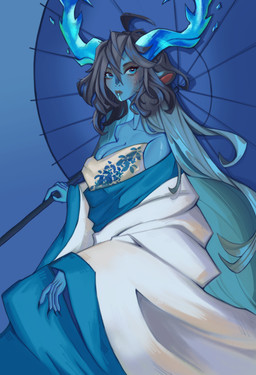 asian_clothing blue_body blue_clothing blue_eyes blue_hair breasts brown_hair chinese_clothing chinese_dress claws clothing dress east_asian_clothing female female_humanoid hair horn ice ice_horn japanese_clothing kimono kimono_only long_hair pose solo umbrella displeasee_artist bovid caprine caprine_demon demon goat_demon horned_humanoid humanoid mammal absurd_res hi_res pinup