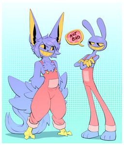 anthro big_ears border clothing cosplay costume dialogue duo fluffy fluffy_tail glasgow_smile male pink_clothing purple_body tail white_border wings yellow_eyes iefcuadricula glitch_productions nintendo pokemon the_amazing_digital_circus geno_za_warudo jax_(tadc) generation_5_pokemon lagomorph legendary_pokemon leporid mammal pokemon_(species) rabbit victini absurd_res hi_res