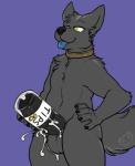 2016 anthro balls biped black_body black_fur black_penis bodily_fluids canid canine canis chest_tuft coin collar container cum cum_drip cum_in_a_cup cum_in_container cum_inside dripping ejaculation english_text erection fur genital_fluids genitals hand_on_hip hi_res jar looking_down male mammal masturbation nude orgasm panda-chan_(artist) penile penile_masturbation penis purple_background simple_background smile solo standing text thick_penis third-party_edit tip_jar tipping tongue tongue_out tuft wolf yellow_eyes
