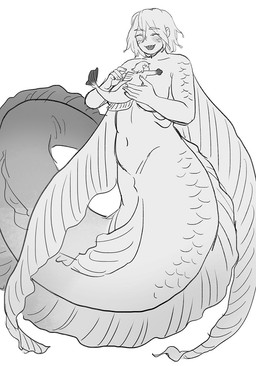 ambiguous_gender breasts duo extreme_size_difference female gills hair hug open_mouth scales simple_background size_difference split_form tail teeth starfleetrambo siren_and_scientist lachlann_(starfleetrambo) oskar_(starfleetrambo) marine merfolk nixie oarfish oarfish_merfolk siren digital_media_(artwork) hi_res monochrome sketch trans_(lore) trans_man_(lore)