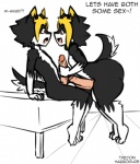 anthro balls bed big_butt big_penis blonde_hair brother_(lore) brothers_(lore) butt canid canine canis desi dialogue domestic_dog duke_(thecon) duo english_text erection exclamation_point femboy furniture genitals habbodude hair handjob incest_(lore) male male/male mammal nude open_mouth penile penis question_mark red_eyes sex sibling_(lore) text thecon thick_thighs twincest_(lore) twins_(lore) wide_hips