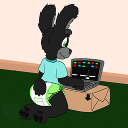 3_toes anthro biped black_body black_fur black_nose black_pawpads blue_clothing blue_shirt blue_topwear box carpet carpeted_floor clean_diaper clothed clothing computer container detailed_background diaper diaper_fetish electronics feet fur gaming green_eyes grey_inner_ear inside kneeling laptop male multicolored_body multicolored_fur one_tooth pantsless pawpads playing_video_game rear_view shirt sitting smile solo toes topwear two_tone_body two_tone_fur wearing_diaper shadyadi shadow_(magicianfox) lagomorph leporid mammal rabbit 1:1 2021 hi_res