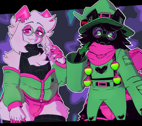 anthro black_body black_clothing black_fur black_horn black_legwear black_sweater black_thigh_highs black_topwear bottomwear bulge cleavage_cutout clothing coat cutout duo eyeshadow eyewear fangs femboy fur glasses green_clothing green_coat green_eyes green_topwear hat headgear headwear horizontal_pupils horn hotpants legwear looking_at_viewer makeup male pink_bottomwear pink_clothing pink_eyes pink_eyeshadow pink_horn pink_scarf pink_shorts potion_bottle pupils round_glasses scarf shorts skindentation smile smiling_at_viewer square_crossover sweater teeth thick_thighs thigh_highs topwear wearing_glasses white_body white_fur wide_hipped_anthro wide_hipped_male wide_hips witch_hat cryptiacurves cryptiacurves_(modeler) deltarune undertale_(series) ralsei bovid caprine darkner goat mammal 3d_(artwork) digital_media_(artwork) hi_res