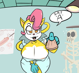 4_fingers amber_eyes anthro areola bedroom_eyes big_breasts bone breasts clothing doctor female fingers first_person_view fur gloves half-closed_eyes handwear leaning leaning_forward long_tail looking_at_viewer narrowed_eyes nipple_slip nipples office open_mouth pink_body pink_fur seductive skeleton smile solo tail thin_tail yellow_body yellow_fur manwithnobats super_fuck_friends monique_pussycat domestic_cat felid feline felis mammal 2018 digital_media_(artwork)