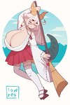 ahoge big_breasts bottomwear breasts broom cleaning_tool cleavage clothed clothing dress eyes_closed female frown hair horn huge_breasts humanoid_pointy_ears markings mole_(marking) pointy_ears short_hair short_stack shrine_maiden skirt solo tail text white_hair low_res_art mythology shiloh_(low_res_art) animal_humanoid dragon dragon_humanoid horned_humanoid humanoid mythological_creature mythological_scalie scalie hi_res watermark