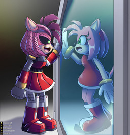altered_reflection anthro biped bottomwear clothing dress duo female footwear gloves hand_on_mirror handwear looking_at_another looking_at_mirror looking_at_object machine mirror mirror_reflection open_mouth reflection shoes side_view simple_background skirt smile standing efraart_mix sega sonic_the_hedgehog_(series) amy_rose eulipotyphlan hedgehog mammal robot absurd_res hi_res
