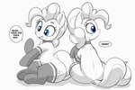 blue_eyes butt choker clothing cutie_mark dialogue eyebrows female feral hair hooves jewelry legwear mane necklace open_mouth open_smile smile stockings tail text underhoof pabbley friendship_is_magic hasbro my_little_pony pinkie_pie_(mlp) earth_pony equid equine horse mammal pony 2023 english_text greyscale hi_res monochrome