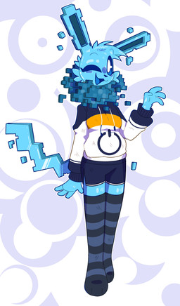 3_toes 4_fingers anthro blue_body blue_fur blue_hair blue_mouth blue_sclera blue_tail blue_tongue bottomwear clothing feet female fingers fur hair legwear looking_at_viewer mane one_eye_closed open_mouth pattern_clothing pattern_legwear pattern_thigh_highs shorts simple_background solo striped_clothing striped_legwear striped_thigh_highs stripes tail thigh_highs toes tongue tuft white_background casver_w nintendo pokemon shockwave_(liquafusion) eeveelution generation_1_pokemon jolteon pokemon_(species) 2026 absurd_res hi_res