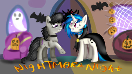 card_template clothing costume duo food fruit holidays plant postcard pumpkin text jbond friendship_is_magic halloween hasbro my_little_pony mythology octavia_(mlp) vinyl_scratch_(mlp) canid canine mammal mythological_canine mythological_creature vampire werecanid werecanine werecreature werewolf 16:9 widescreen