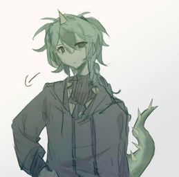 1_horn clothing green_hair hair head_spike hood horn jacket looking_at_viewer male ponytail reptile_tail sigh simple_background solo sweater tail teeth topwear touching_hip turtleneck unknown_artist mini_world misra_(mini_world) animal_humanoid humanoid reptile scalie hi_res