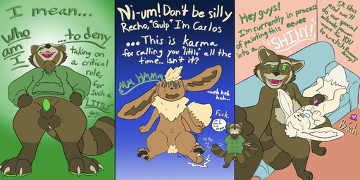 after_transformation ambiguous_gender anthro anthro_on_feral assuming_position balls belly_rub bestiality bodily_fluids brown_body brown_fur camera_phone claws clothing content_smile crotch_view cum cum_on_face dialogue digitigrade drooling duo erection feral fur furniture genital_fluids genitals gesture green_clothing green_eyes green_hoodie green_pawpads green_penis green_topwear hand_gesture handjob_gesture holding_penis hoodie intersex intersex/intersex intimate livestream lying male male/male nervous nervous_smile nonchalant nude on_back onomatopoeia open_mouth orgasm pawpads penis penis_tip plotting purple_penis relieved saliva sitting size_difference sofa sound_effects sparkles standing suggestive suggestive_gesture tail tail_motion tailwag tapping_foot teeth text toe_claws topwear assuming-control kio_kasteyoto nintendo pokemon recho_raccoon_(character) eevee generation_1_pokemon hybrid pokemon_(species) comic english_text hi_res