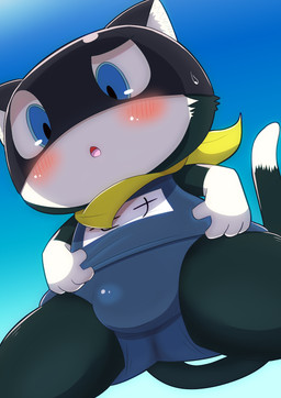 anthro black_body black_fur blue_eyes blue_sky blush bodily_fluids bulge clothing fur kerchief looking_down looking_down_at_bulge male markings mask school_swimsuit shortstack shortstack_male sky solo sweat sweatdrop swimwear tail tail_markings under_view white_body white_fur shironeko2112 atlus megami_tensei persona_(series) persona_5 sega morgana_(persona) domestic_cat felid feline felis mammal tuxedo_cat hi_res
