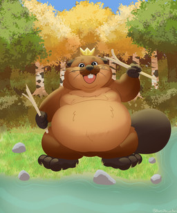 anthro belly big_belly brown_body brown_fur crown detailed_background fur headgear king male open_mouth outside overweight overweight_male plant royalty solo standing tree pansitowaton disney hoppers_(disney) pixar king_george_(hoppers) beaver mammal rodent 2026 5:6 absurd_res hi_res