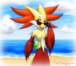 anthro beach bendy_straw beverage big_ears cloud container cup detailed_background drinking_straw eyewear female food fruit fur glasses ice lime looking_at_viewer open_mouth outside plant red_eyes sand sea seaside sky solo teeth tongue water yellow_body yellow_fur flamewolf22 nintendo pokemon canid canine delphox generation_6_pokemon mammal pokemon_(species) watermark