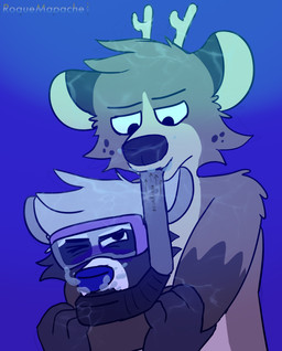 anthro asphyxiation blue_blush blush breath_play bubble cyanosis drowning duo eyewear eyewear_on_head freckled_face freckles fur goggles goggles_on_head hair horn male male/male simple_background snorkel text underwater visor water white_body roquemapache_(artist) roquemapache hybrid mammal procyonid raccoon absurd_res digital_media_(artwork) english_text hi_res