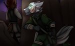 anthro bag band-aid bandage blood bodily_fluids bulletproof_vest clothing detailed_background fur green_eyes grey_body grey_fur knife male solo topwear vest archivist-kayl bow_(bowhuskers) canid canine canis mammal wolf 2021