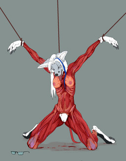 agony anthro arms_tied arms_tied_above_head blood blue_eyes bodily_fluids bound breast_tissue breasts breath breathing constricted_pupils exposed_breast_tissue exposed_muscle eyewear female flayed fur genitals glasses gore gore_focus hair nipples nude pain panting pupils shocked skinned skinning small_pupils solo tongue tongue_out torture vulva white_body white_fur white_hair drmax jeffusherb fio_(wipfenfels) canid canine fox mammal animated digital_media_(artwork) hi_res pixel_(artwork) pixel_animation