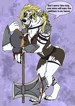 anthro arm_tattoo armor axe battle_axe blood bodily_fluids braided_hair clothing disembodied_head facial_tattoo fangs female gauntlets gloves hair handwear leg_tattoo scar shirt solo speech_bubble tattoo teeth text topwear tunic arwenscoots conditional_dnp bear mammal polar_bear ursine english_text hi_res