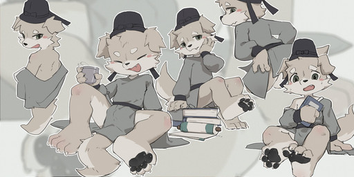 4_fingers 4_toes anthro asian_clothing barefoot belt black_belt black_clothing black_hat black_headwear black_nose black_pawpads blush blush_lines blush_stickers book chinese_clothing claws clothed clothed_anthro clothed_male clothing clothing_down container countershade_face countershade_feet countershade_fur countershade_tail countershading cup cute_fangs east_asian_clothing eyebrows eyes_closed fangs feet finger_claws fingers floppy_ears fur green_eyes grey_body grey_claws grey_clothing grey_fur grey_topwear hand_on_face hanfu hat headgear headwear holding_container holding_cup holding_object kemono male male_anthro mouth_closed multicolored_body multicolored_fur multiple_poses open_mouth open_smile pawpads pink_blush plantigrade plantigrade_pawpads pose pupils rear_view shota sitting smile solo standing tail teeth toe_claws toes topwear two_tone_body two_tone_fur white_body white_countershading white_eyebrows white_fur white_sclera young young_anthro young_male zhongs2011 the_animal_poetry_town dufu_(the_animal_poetry_town) canid canine canis domestic_dog mammal full-length_portrait hi_res multiple_images portrait